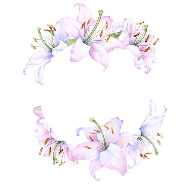 Round frame wreath with white lily flowers, watercolor illustration.  Isolated on white. Ideal for decorating wedding invitations, albums, and posters - Vektor, Bild