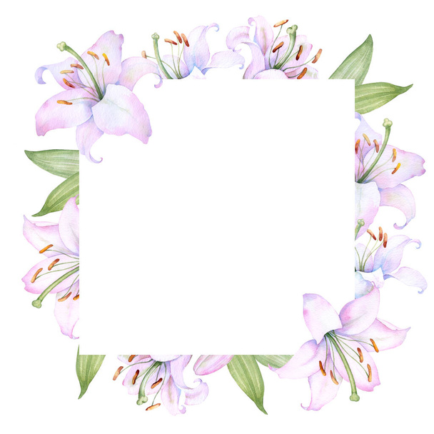 Square l frame with white and pink lily flowers, watercolor illustration, for decorating wedding invitations, albums, and posters - Vektör, Görsel