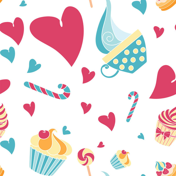 Vector seamless pattern with cakes and hearts. Sweet candy seamless pattern for party. - Vektor, kép