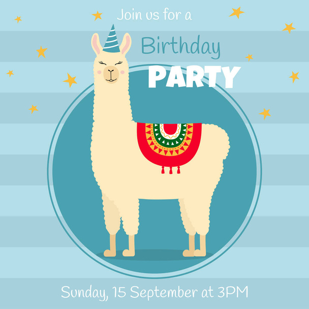 Birthday party invitation card with cute llama. Funny alpaca with birthday hat on blue background. Template for nursery design, poster, birthday card, invitation, baby shower and party decor - Vector, imagen