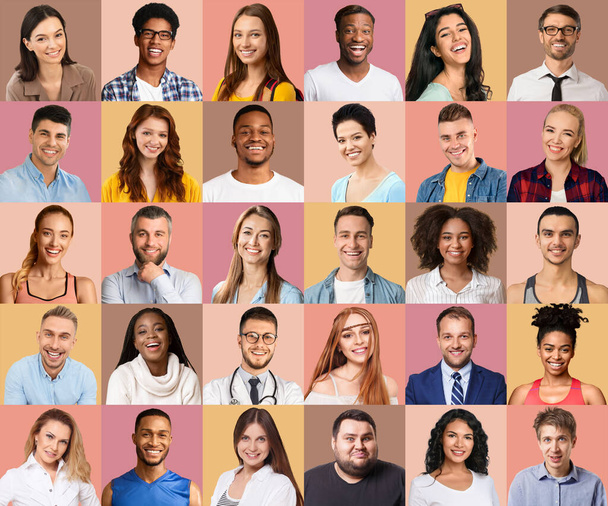 Portraits Of Happy Millennial Men And Women Posing On Pastel Color Backgrounds - Foto, Imagen