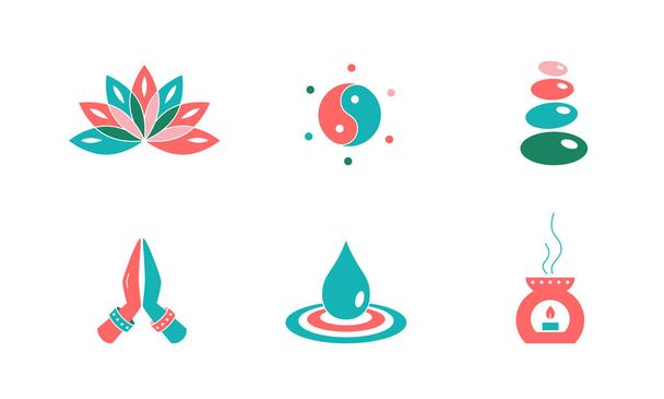 Vector illustration of cartoon yoga icons on white background. - Vector, imagen