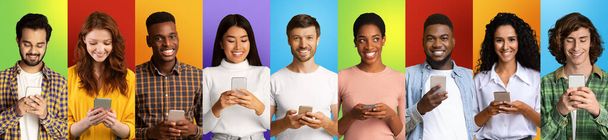 Internet addiction concept. Collage with multiethnic people using cellphones on colorful backgrounds, banner design - Foto, Bild