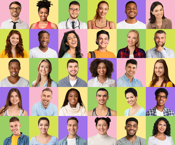 Happy Millennials. Portraits of positive multiethnic men and woman over colorful backgrounds - Foto, Imagen