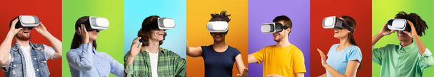 Video gaming concept. Collage of diverse people wearing VR headsets and experiencing augmented reality, panorama - Foto, Imagen