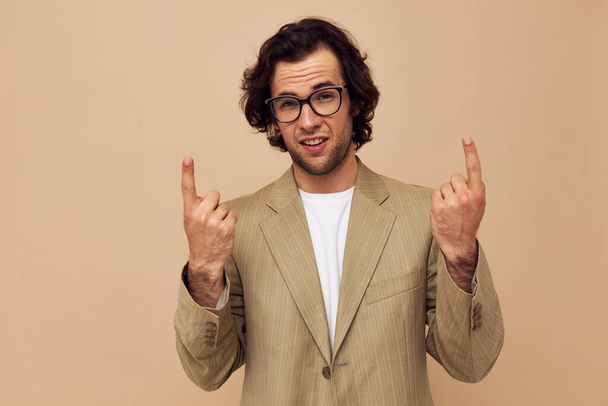 Attractive man with glasses emotions gesture hands posing Lifestyle unaltered - Foto, imagen