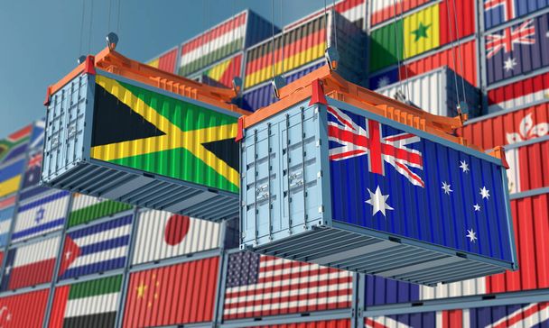 Freight containers with Australia and Jamaica national flags. 3D Rendering  - Foto, afbeelding