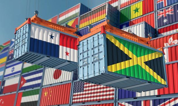 Freight containers with Panama and Jamaica national flags. 3D Rendering  - Foto, Imagen
