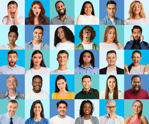 Collage di persone diverse che esprimono emozioni diverse, set mosaico - Foto, immagini