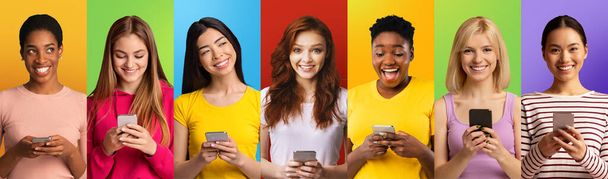 Collage of diverse ladies using smartphones texting and browsing internet over various colored backgrounds - Фото, изображение
