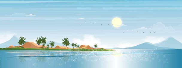Seascape blue ocean, coconut palm tree on island in sunny day spring,Backdrop Sea beach landscape with sky and cloud in morning,Vector beautiful nature seaside for Summer time holiday background - Vetor, Imagem