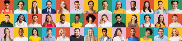 Set of positive human faces on colorful backgrounds - Foto, Imagen