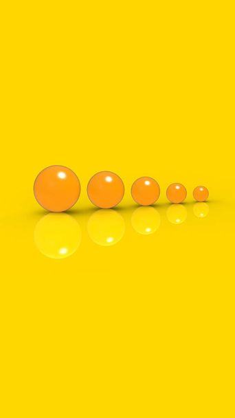 Five glass balls of different sizes of yellow color on yellow background. Growth of something. Progress. Vertical image. 3D image. 3D rendering. - Fotografie, Obrázek