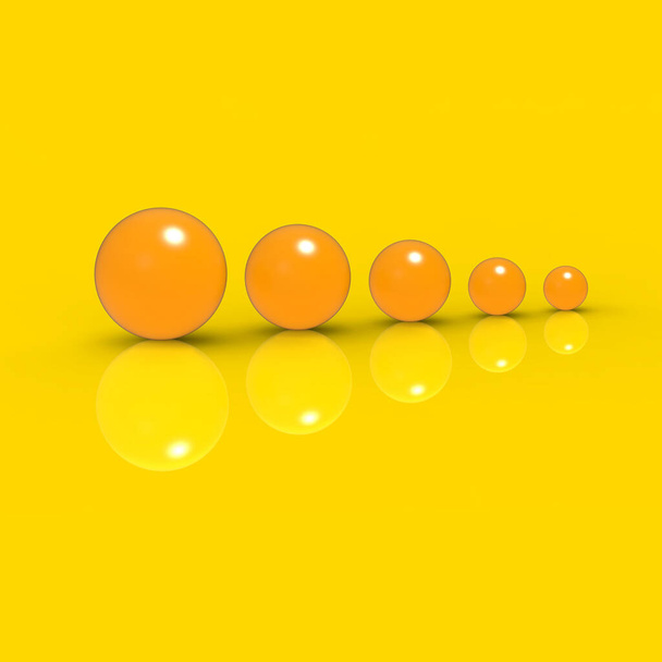 Five glass balls of different sizes of yellow color on yellow background. Growth of something. Progress. Square image. 3D image. 3D rendering. - Foto, Bild