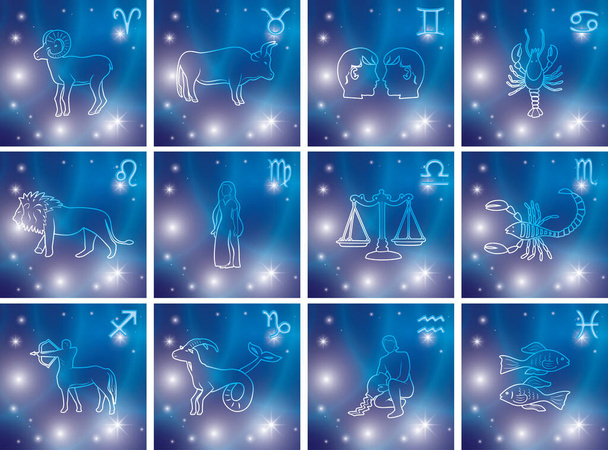 silhouettes of symbols of Zodiac on vector blue backgrounds with stars - set of horoscope signs - Вектор,изображение