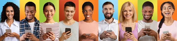 Набір різноманітних людей зі смартфонами позують на барвистих фонах
 - Фото, зображення