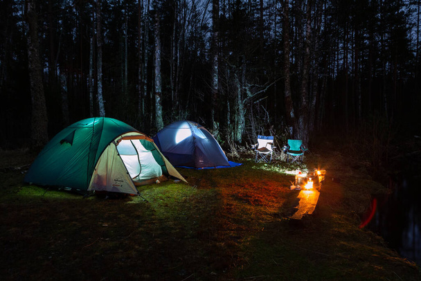 палатки в лесу с костром на зеленой траве. - Фото, изображение