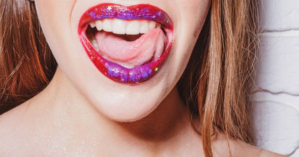 Sexy full lips. Gloss of lips and womans mouth. Sensual lips. - Φωτογραφία, εικόνα
