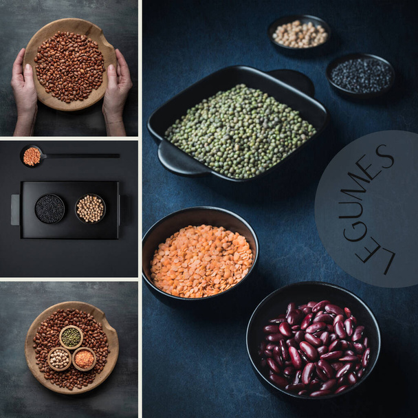 Legumes. Collage of four images. Various dried legumes. Social media post.  - Foto, Imagen