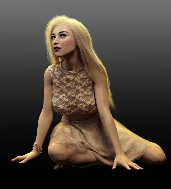 CGI Golden Girl Beautiful Woman with Long Blonde Hair - Foto, Imagen