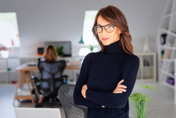 Confident middle aged businesswoman wearing turtleneck sweater while standing with arms crossed at office at the office. - Fotografie, Obrázek