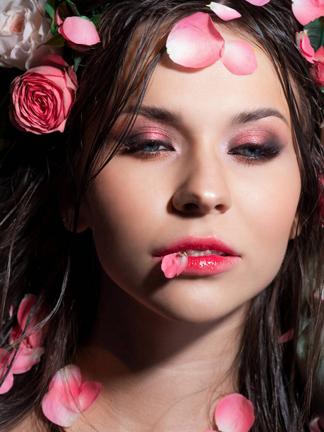 Beautiful blue-eyed brunette with bright pink makeup, - Фото, зображення