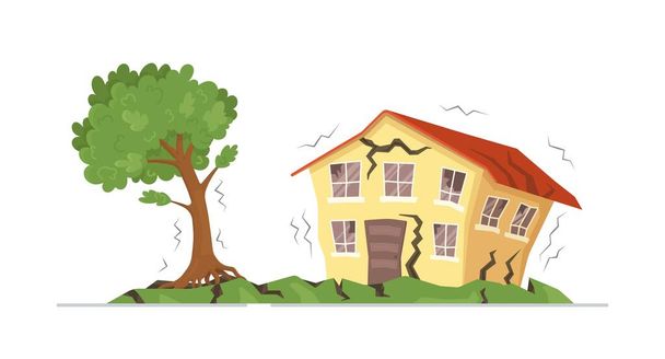 Vector illustration of house earthquakes. Concept on white background of earthquake effects. Broken trees, sprayed house, strong wind. - Vetor, Imagem