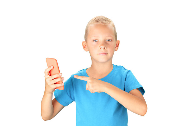 School boy holding smartphone. Isolated on white background - 写真・画像