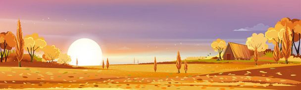 Paisaje rural de otoño a la luz de la noche con puesta de sol, rosa, cielo naranja y fondo de nubes, Vector Temporada de otoño de dibujos animados con granero de madera, árbol forestal, campo con salida del sol, telón de fondo bandera natural - Vector, imagen