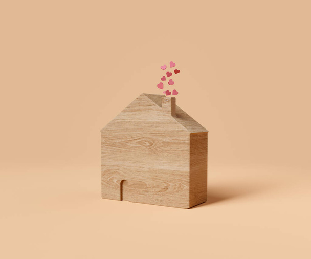 wooden house with little hearts coming out of the chimney. valentine's day concept, love, home and family. 3d rendering - Photo, Image