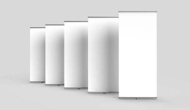 Front view of 3d rendered exhibition banner stands isolated on grey for mockup and illustrations. - Fotoğraf, Görsel