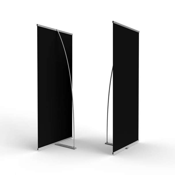 Front & Back view of a brandable Exhibition Banner Stand with a full black skin front & back. 3D render for mockup and illustrations. - Foto, Bild
