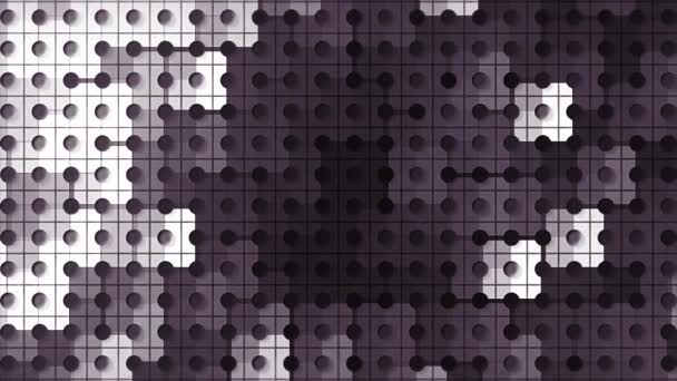 Fondo abstracto dividido por estrechas líneas negras en pequeños cuadrados con círculos en el centro de cada cuadrado. Moción. Sombras parpadeantes de azulejos sobre el patrón geométrico. - Metraje, vídeo