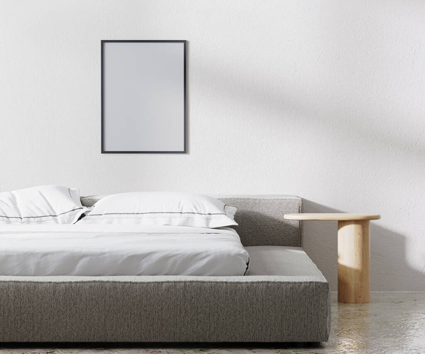 rám maketa v ložnici interiér, minimalistický styl, bílá stěna, 3d vykreslení - Fotografie, Obrázek