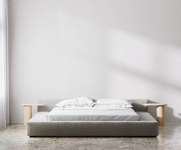 Interior bedroom wall mock up, scandinavian style, white empty wall, 3d render - Фото, изображение