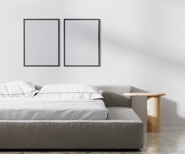 rámy plakátů se modelují v interiéru ložnice, minimalistický styl, bílá stěna, 3D vykreslování - Fotografie, Obrázek
