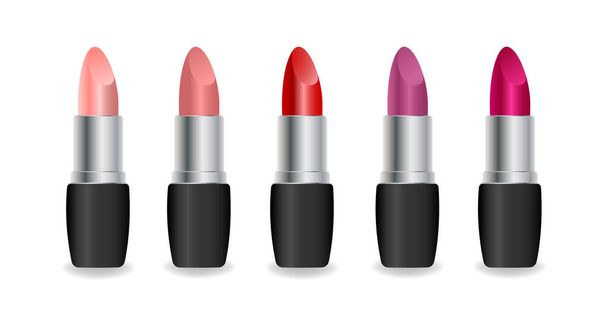 Set of color lipsticks. Red lipstick, pink lipstick, orange lipstick, wine. - Vector, imagen