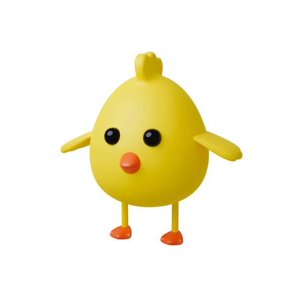 Cute yellow easter baby chicken stylized cartoon 3d render illustration. Funny little chick bird character. Isolated on white background. Farm animal - Foto, Bild