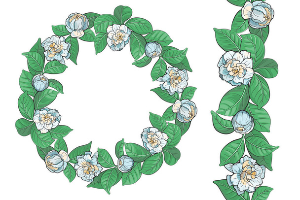 Gardenia flowers and leaves. Floral wreath and seamless pattern brush. Vector illustration isolated on white background. - ベクター画像
