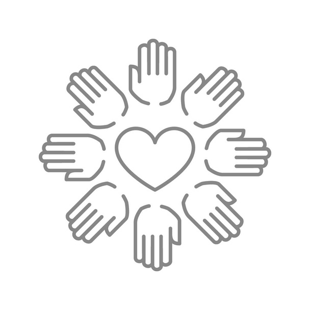 Las manos rodean con el icono de la línea del corazón. Organización benéfica, donación, símbolo de trabajo en equipo - Vector, imagen