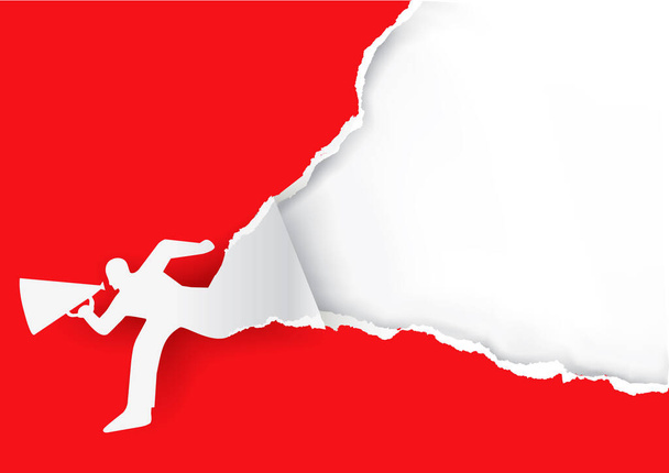 Running Man with megaphone tearing red paper.Illustration of torn  paper male  silhouette. Template for banner, place for your  text or image. Vector available. - Вектор,изображение