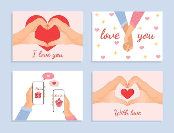 Set of romantic illustrations for cards, poster, banner, internet, social networks. Collection of vector design with hands, gestures, chat online for valentine's day. Love, family, friendship - Vector, Image