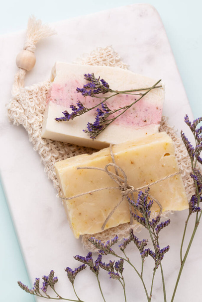 Natural handmade skincare. Organic soap bars with plants extracts. - Foto, Imagem