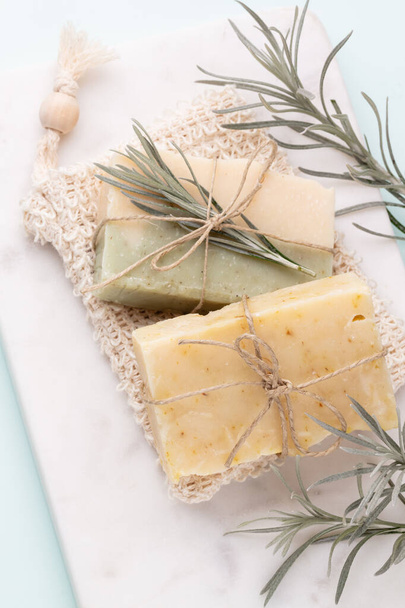 Natural handmade skincare. Organic soap bars with plants extracts. - Foto, afbeelding