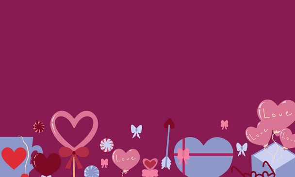 Krásný prapor na Valentýna 14. února. Slavnostní výzdoba. Sladké dárky a ledničky ve formě srdcí, krabice s balónky, hrnek, klíč. Vektorová ilustrace v plochém a kresleném stylu. - Vektor, obrázek