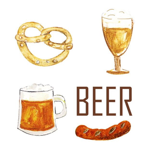 Set of elements beer, sausage, pretzel, glass for oktoberfest. - 写真・画像