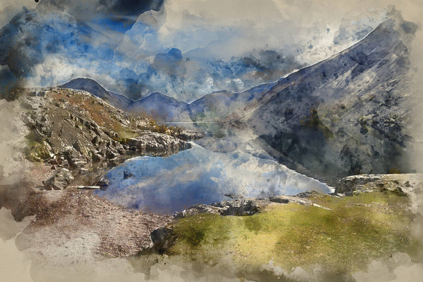 Digital watercolor painting of Stunning landscape of Wast Water and Lake District Peaks on Summer day  - Photo, Image