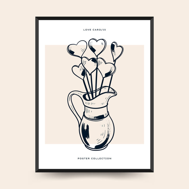 Modern Valentine's day vertical flyer or poster template. Love hand drawn trendy illustration. - Vector, imagen