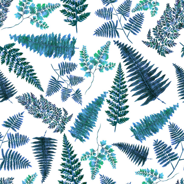 Aquarell nahtloses Muster mit Farnblättern. Laubschmuck. Vintage botanische exotische Illustration Tapete. - Foto, Bild