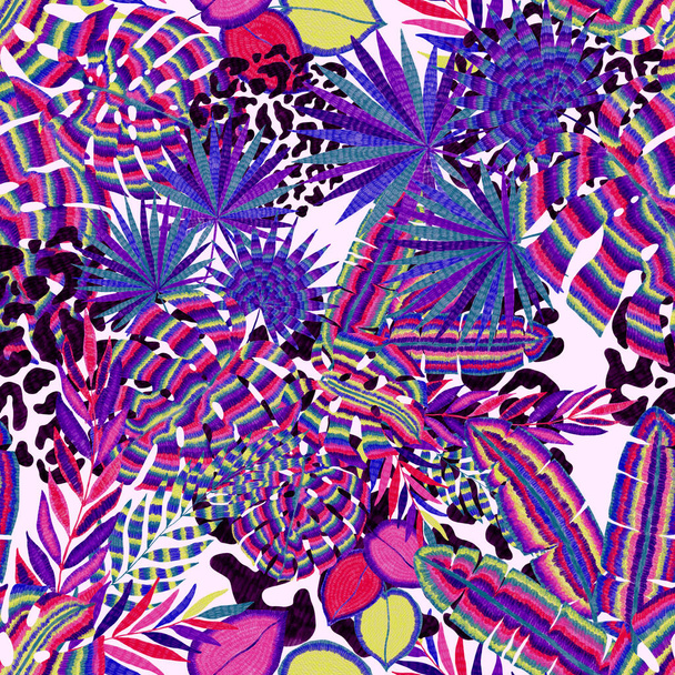Nowoczesny abstrakcyjny wzór z kreatywnymi kolorowymi liśćmi tropikalnymi i plamami lamparta. Retro jasne tło lato. Ilustracja liści dżungli. Projekt botaniczny strojów kąpielowych. Vintage egzotyczny druk. - Zdjęcie, obraz